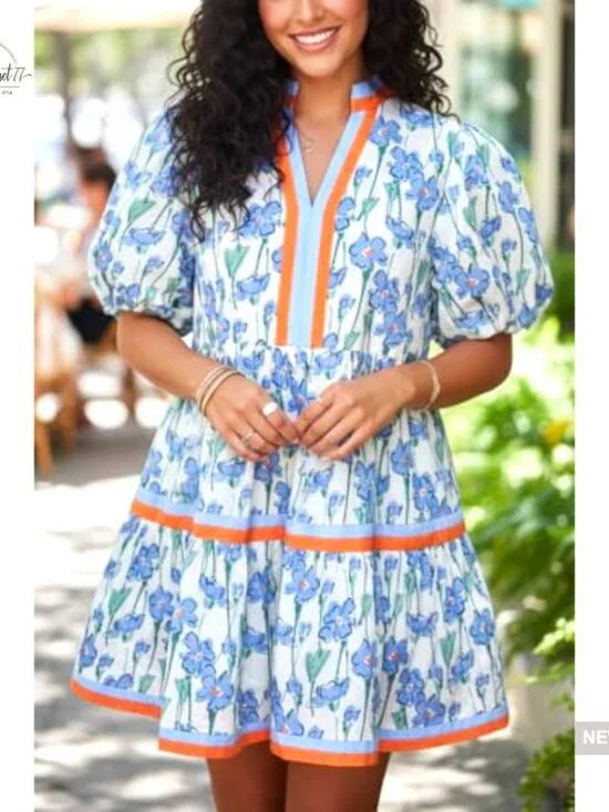 Puff Sleeve Floral Print Mini Dress with Pockets, Casual V-Neck Pull On - Picture 3 of 5